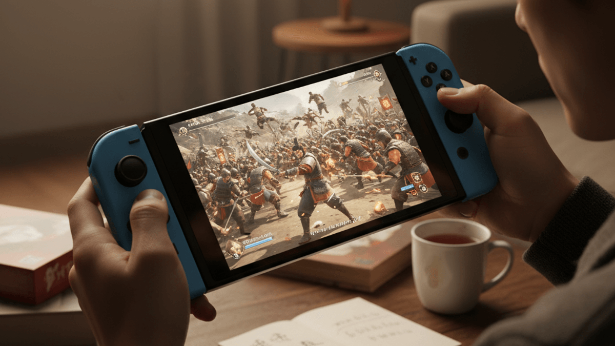 薄暗い部屋でNintendo Switch 2を両手で持ち、「Dynasty Warriors Origins」をプレイしている男性のクローズアップ。