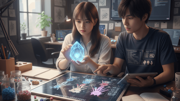 暗いスタジオで、進化素材の設計図が広がるテーブルを囲んでゲーム開発者2人が真剣に作業している。