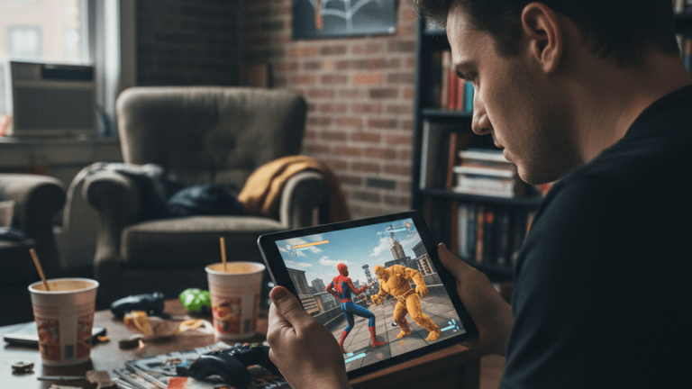 スパイダーマンのポスターが飾られたリビングルームで、男性がタブレットでスパイダーマンのモバイルゲームをプレイしている。