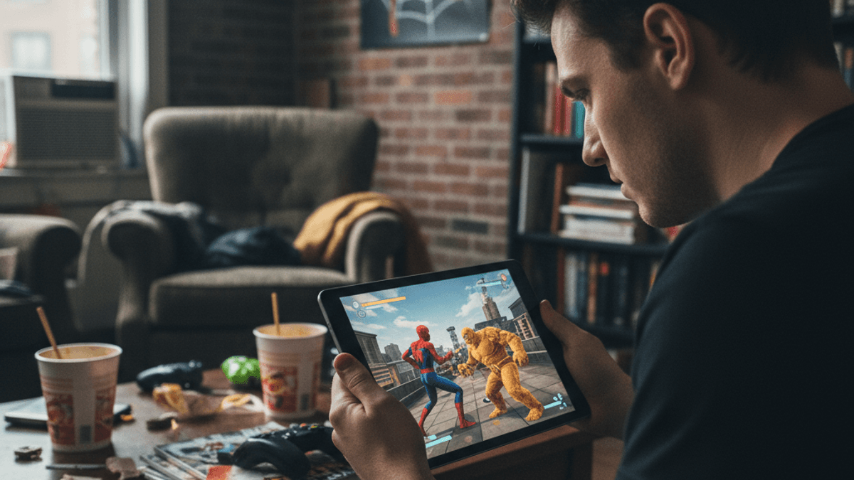 スパイダーマンのポスターが飾られたリビングルームで、男性がタブレットでスパイダーマンのモバイルゲームをプレイしている。