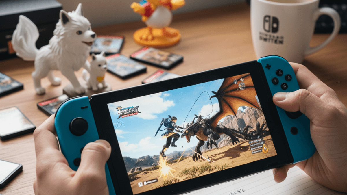 読書灯の下で「モンスターハンターライズ」をプレイする手がクローズアップされた写真。