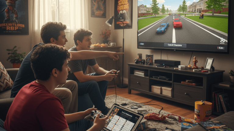 友人たちとリビングでビデオゲームをする若者たち。一人がタブレットでゲーム情報を確認している。