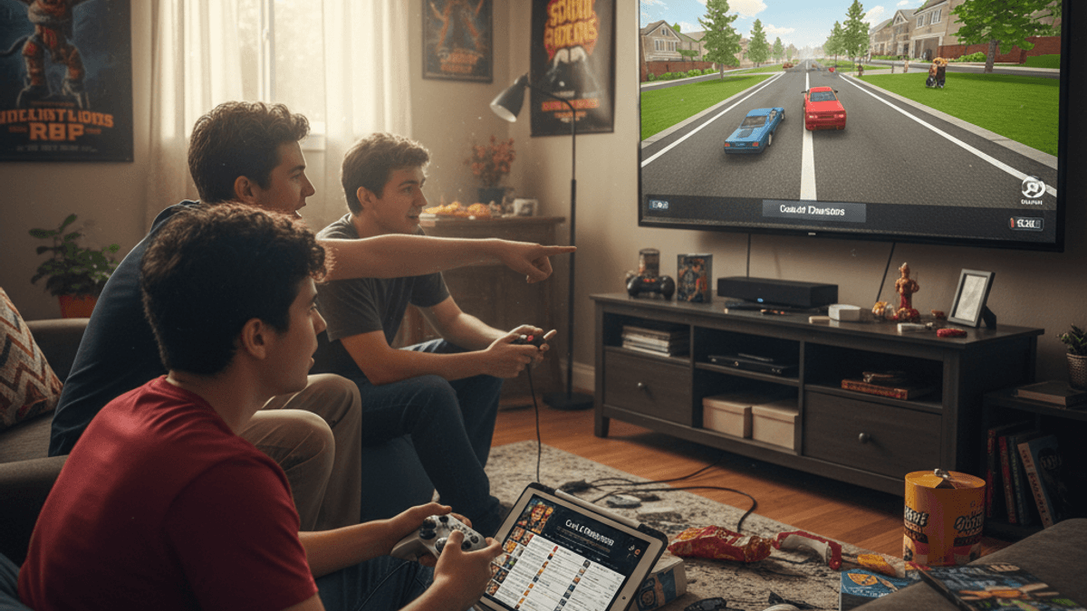 友人たちとリビングでビデオゲームをする若者たち。一人がタブレットでゲーム情報を確認している。