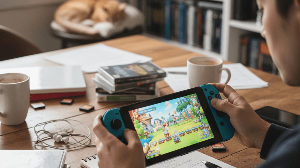 温かい雰囲気のリビングルームでNintendo Switchをプレイする人物。テーブルにはコーヒーカップやノート、ゲームソフトが散らばっている。