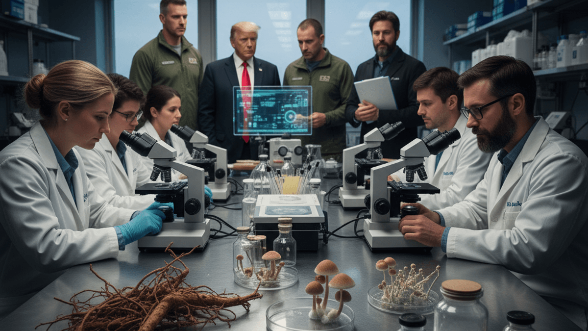 A group of scientists in lab coats and several men in suits and military fatigues gather around a table with microscopes and psychedelic plant samples.