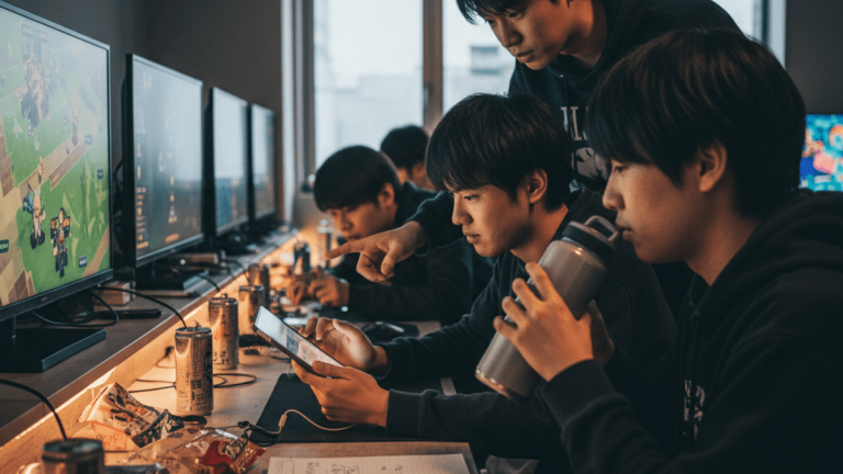 薄暗い部屋でモバイルゲームの戦略を話し合う数人の若者たち。画面にはゲームのキャラクターが見える。
