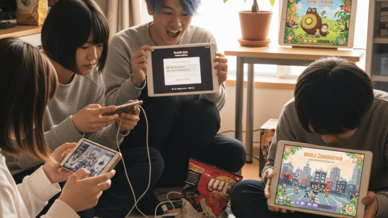 日本の若者グループがリビングの床に座り、それぞれタブレットやスマートフォンでモバイルゲームをプレイしている様子