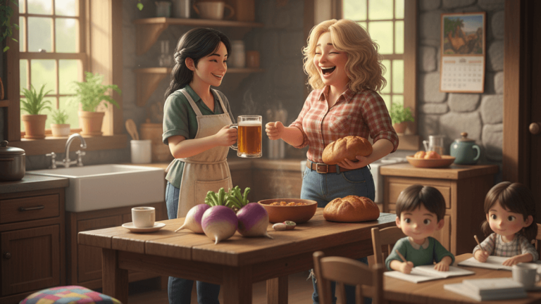 パムがジョディにビールを差し出し、ジョディがパンを持っている。子供たちがテーブルで勉強している、温かいキッチンのシーン。