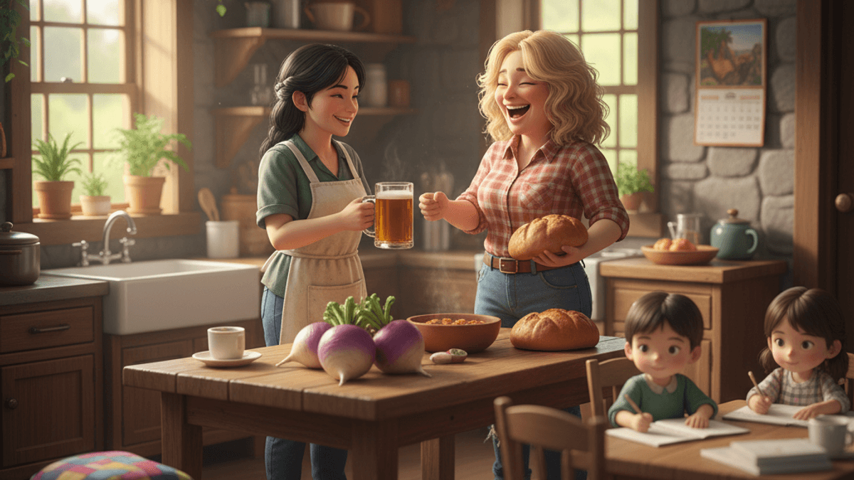 パムがジョディにビールを差し出し、ジョディがパンを持っている。子供たちがテーブルで勉強している、温かいキッチンのシーン。