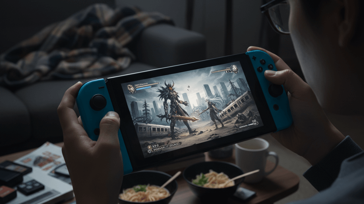 暗い部屋でNintendo Switchを操作し、荒廃した都市で悪魔と戦うキャラクターが映し出された画面を見つめるプレイヤーの背面からの写真。