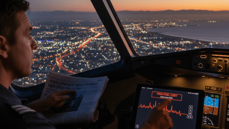 A pilot in a cockpit at dusk, holding a newspaper about the Iran conflict, looks at a tablet showing high fuel costs.