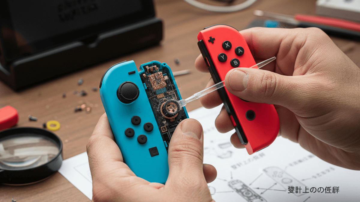 散らかった木製の作業台で、男性が分解された青いNintendo Switch Joy-Conコントローラーを修理している。
