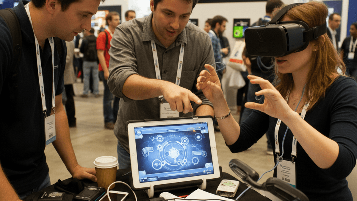MWC 2011の展示ブースで、3人の開発者がタブレットとVRヘッドセットを使って新しいモバイルUI技術を試している。