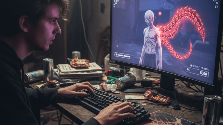 暗い部屋でゲームをプレイする男性の横顔。モニターにはゲームキャラクターと赤いカグネが表示されている。