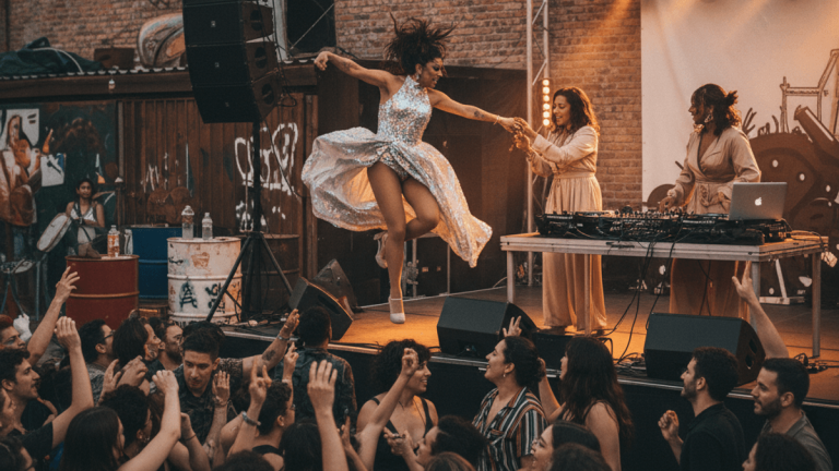 Pabllo Vittar, in a shimmering dress, leaps on stage while DJ Minx and Honey Dijon play music for a dancing crowd.