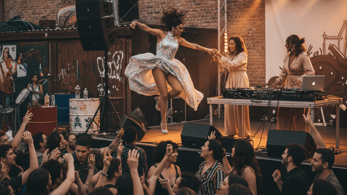 Pabllo Vittar, in a shimmering dress, leaps on stage while DJ Minx and Honey Dijon play music for a dancing crowd.