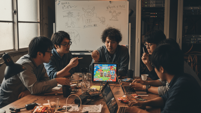 薄暗いオフィスで、開発者たちがテーブルを囲み、ノートパソコンとタブレットでモバイルゲームを熱心に議論している。