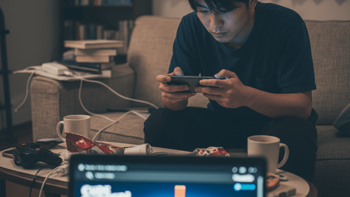 暗いリビングでソファに座り、スマートフォンで「Cube Surfer!」を真剣にプレイする若者の横顔。手前にはゲーム画面が表示されたノートパソコン。
