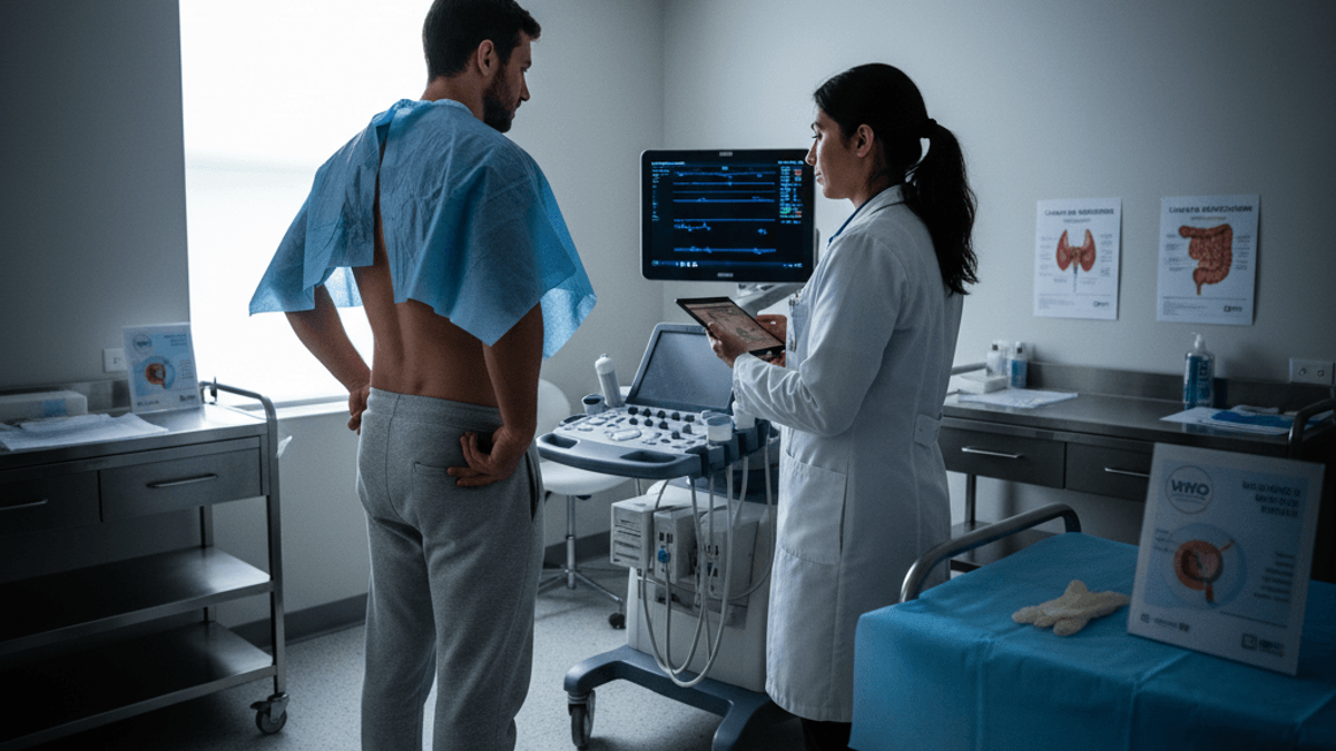 A man in a medical gown faces a doctor holding a tablet in a dimly lit examination room.