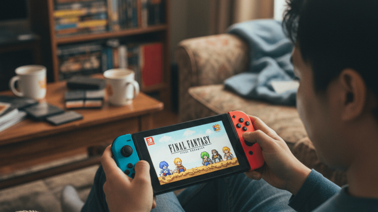 リビングのソファでくつろぎながら、Nintendo Switchで『ファイナルファンタジー ピクセルリマスター』をプレイする男性の背中越しのショット。