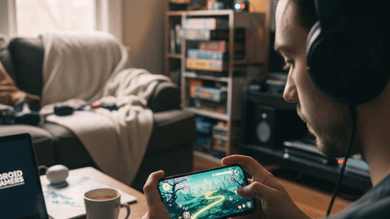 リビングルームのソファに座って、ヘッドホンをつけ、スマートフォンで「Through the Fog」をプレイしている男性