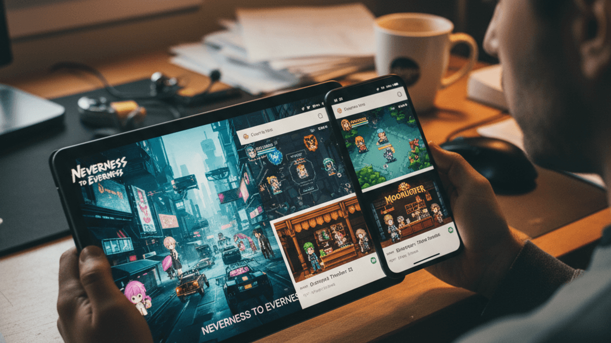暗い部屋でタブレットを持ち、画面上のゲームレビュー記事を読んでいる男性のクローズアップ。
