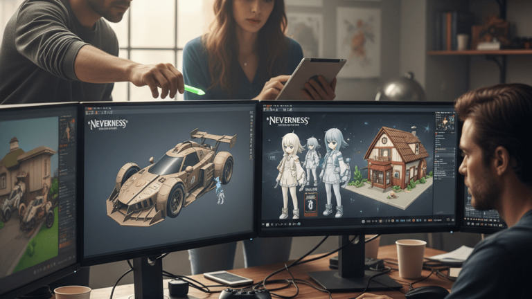 複数のモニターにゲームアセットが表示されたオフィスで、3人のゲーム開発者が熱心に作業している。