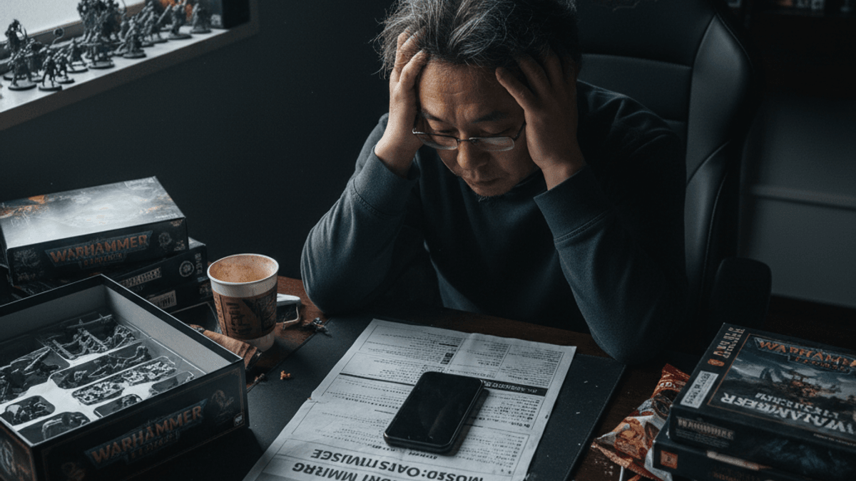 薄暗い部屋で、Warhammerのミニチュアや箱に囲まれた机に座り、スマートフォンと書類を前に頭を抱えている男性。