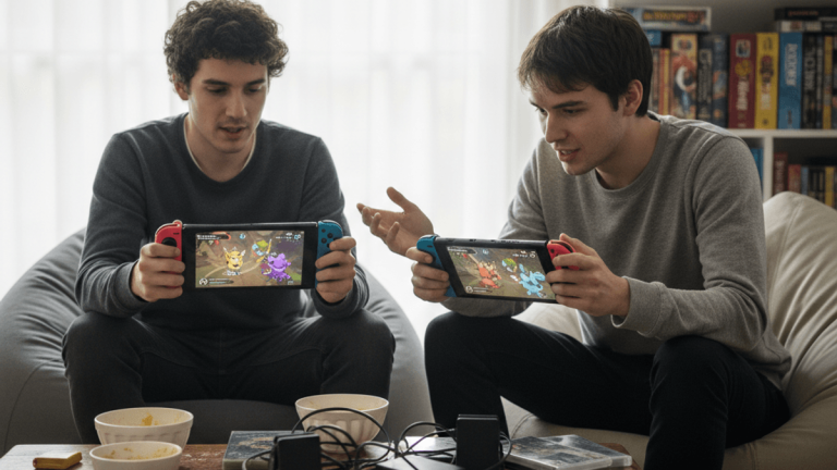 2人の若い男性がリビングルームでビーズクッションに座り、それぞれNintendo SwitchでTemtemをプレイしている。