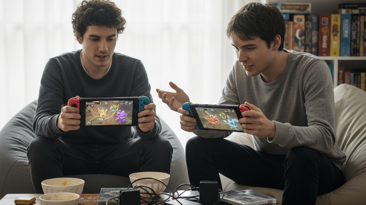 2人の若い男性がリビングルームでビーズクッションに座り、それぞれNintendo SwitchでTemtemをプレイしている。