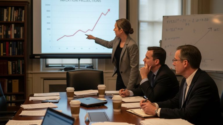An economist points to a rising inflation graph on a projector screen during a meeting with two attentive colleagues.
