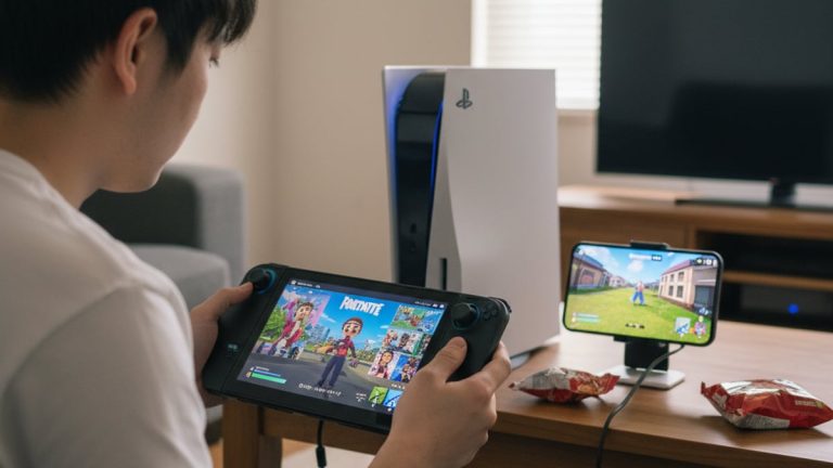 若い男性がリビングでSteam Deckを操作し、隣のスマートフォンにはPS5のゲーム画面が映っている。