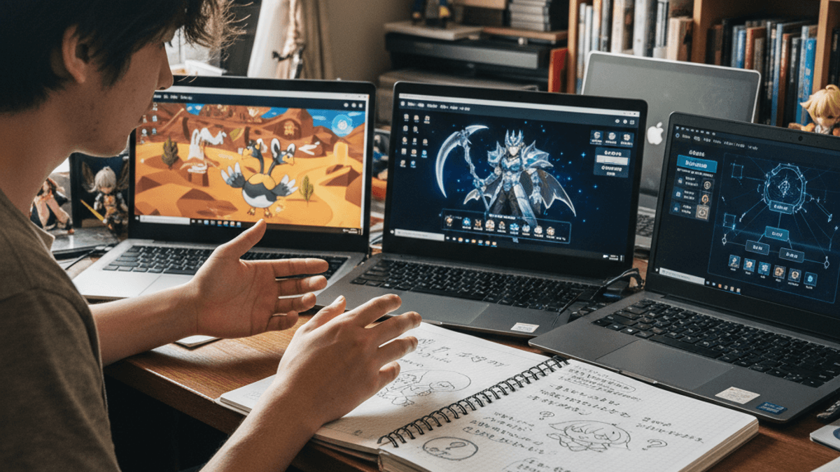 3台のノートPCでポケモン、崩壊：スターレイル、タワー オブ ファンタジーのゲーム画面を表示し、手書きノートにメモを取るゲーマーの横顔。