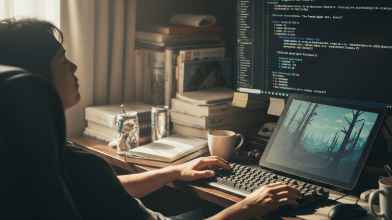 薄暗い部屋で、一人のゲーム開発者がPCの前に座り、モニターに表示されたコードを見ながらキーボードを打っている。