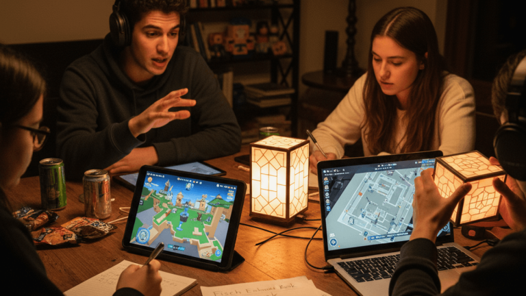 暗い部屋でテーブルを囲んで座っている4人の若者が、Robloxゲームの攻略法について話し合い、タブレットやノートパソコンの画面を見ている。
