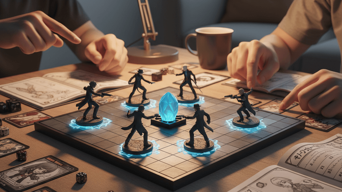 暗い部屋でテーブルゲームをする2人のゲーマー。ゲームボードにはミニチュアフィギュアと光るクリスタルがある。