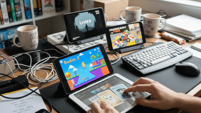 散らかった机の上で、男性の手がタブレットで「Cards, the Universe and Everything (CUE)」をプレイしている。周囲には他のモバイルゲームが起動しているデバイスが複数置かれている。