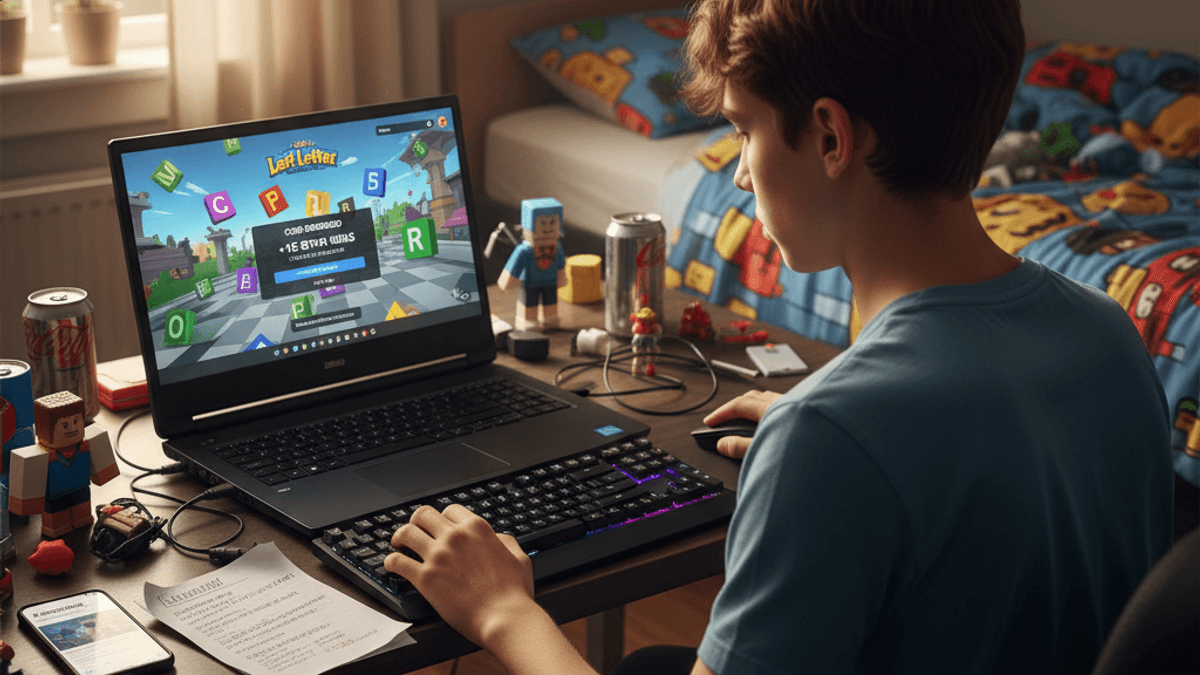 若者が自分の部屋でラップトップを使用し、Robloxの「Last Letter」ゲームにコードを入力している。