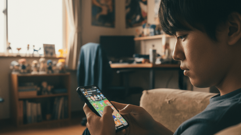 若者が自宅のソファに座り、熱心にスマートフォンでモバイルゲームをプレイしている。