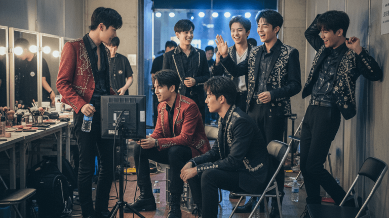 K-pop group MODYSSEY in a candid backstage moment, some members laughing and others looking at a monitor.