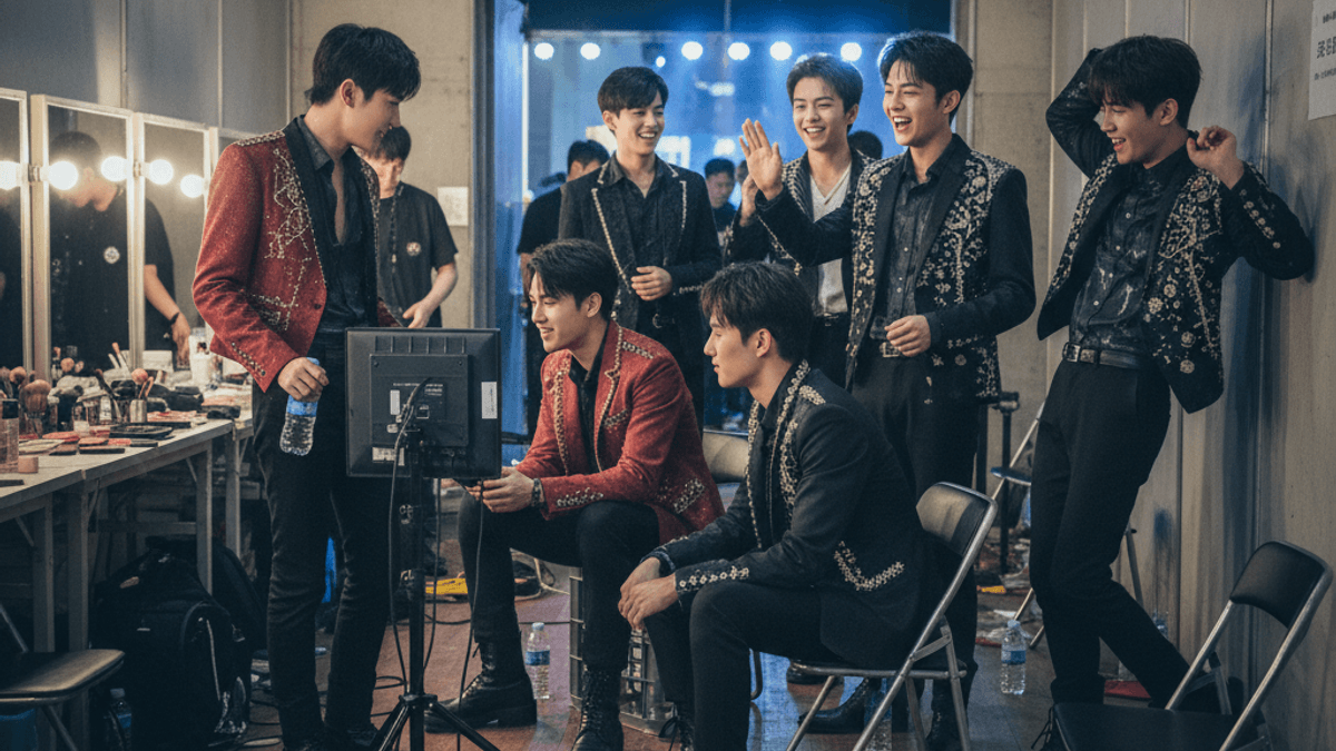 K-pop group MODYSSEY in a candid backstage moment, some members laughing and others looking at a monitor.