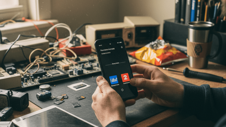 薄暗い部屋で、散らかった作業台に座り、スマートフォンでゲームをプレイしている男性の肩越しのショット。