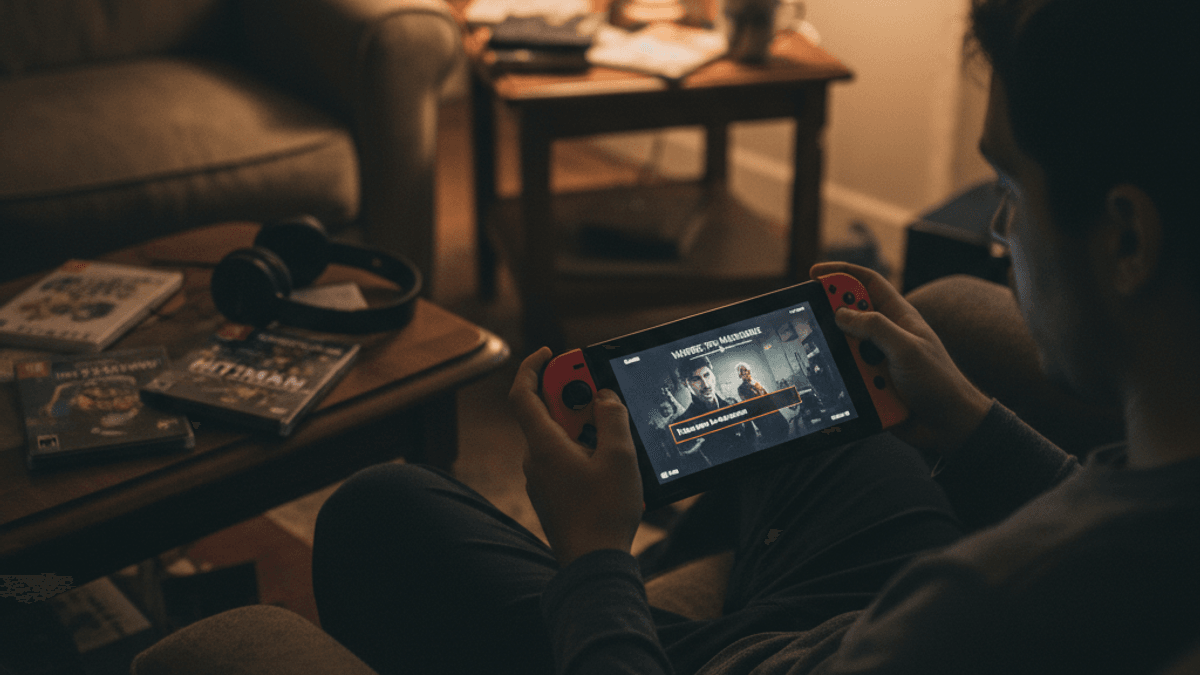 暗いリビングルームで、アームチェアに座ってNintendo Switchをプレイしている男性の肩越しのショット。テーブルには他のゲームが置かれている。