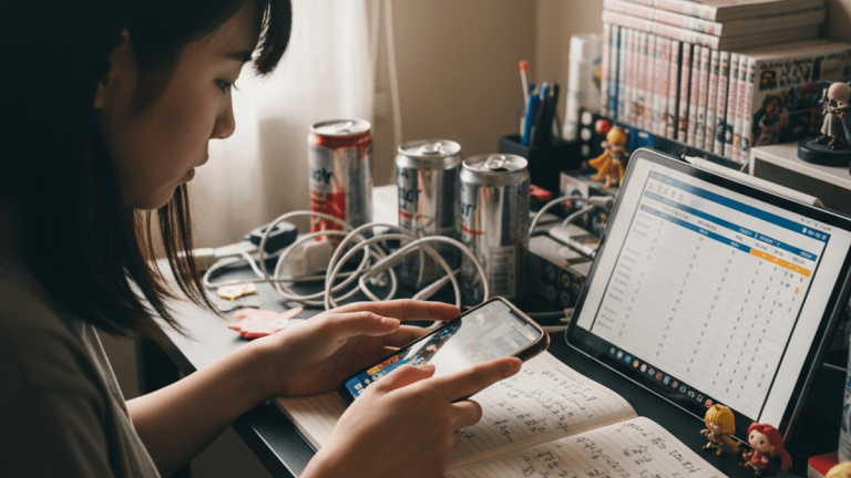 女性ゲーマーがスマートフォンでゲームをプレイし、隣のタブレットでゲームの攻略ガイドを見ている