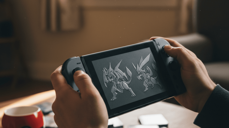 ポケモン ディアルガとパルキアが描かれたNintendo Switch Liteを両手で持っているゲーマーの手のクローズアップ。