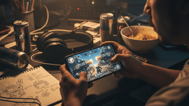 暗い部屋でスマートフォンを真剣に見つめるゲーマーのオーバー・ザ・ショルダーショット。机には食べ残しのラーメンとエナジードリンクの缶が散乱している。