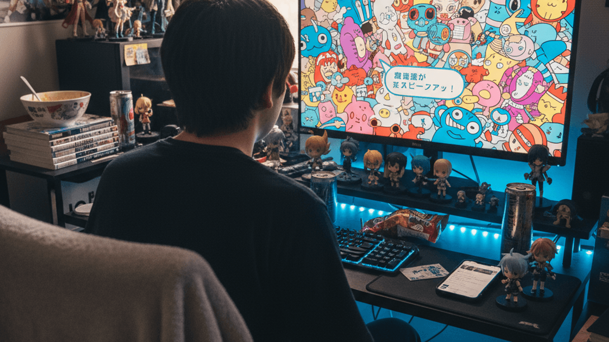 暗い部屋でPCモニターを見つめるゲーマーの後ろ姿。モニターにはカラフルで奇妙なアニメーション広告が映っている。