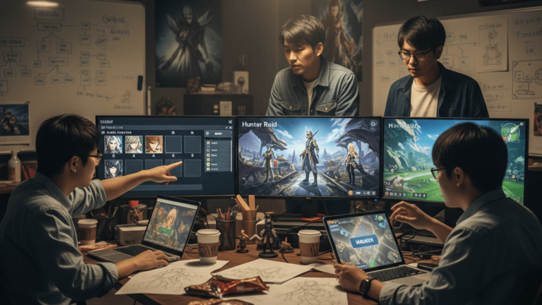 暗い部屋でモニターに囲まれ、熱心に議論する4人のゲーム開発者たち。机には資料やコーヒーカップが散乱している。