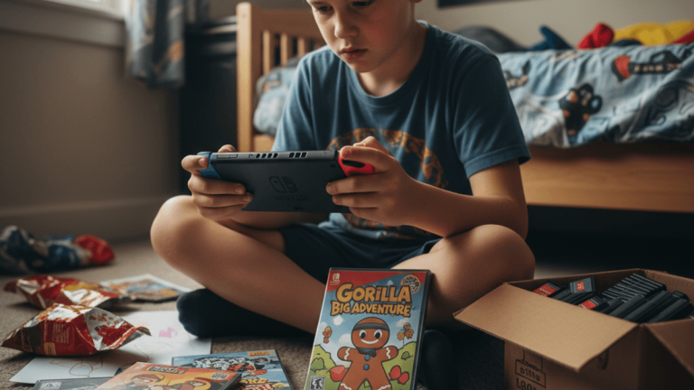 子供が部屋の床に座ってNintendo Switchをプレイしている。周りにはゲームパッケージやゲームカード、お菓子の袋が散らばっている。