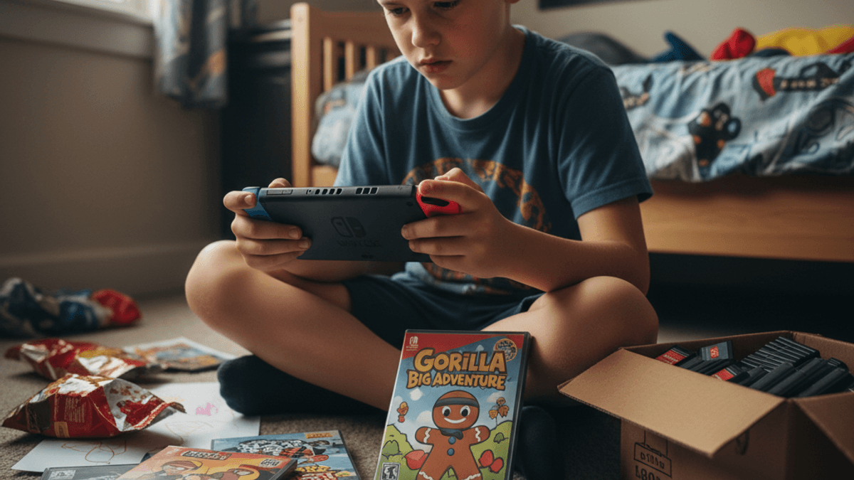 子供が部屋の床に座ってNintendo Switchをプレイしている。周りにはゲームパッケージやゲームカード、お菓子の袋が散らばっている。